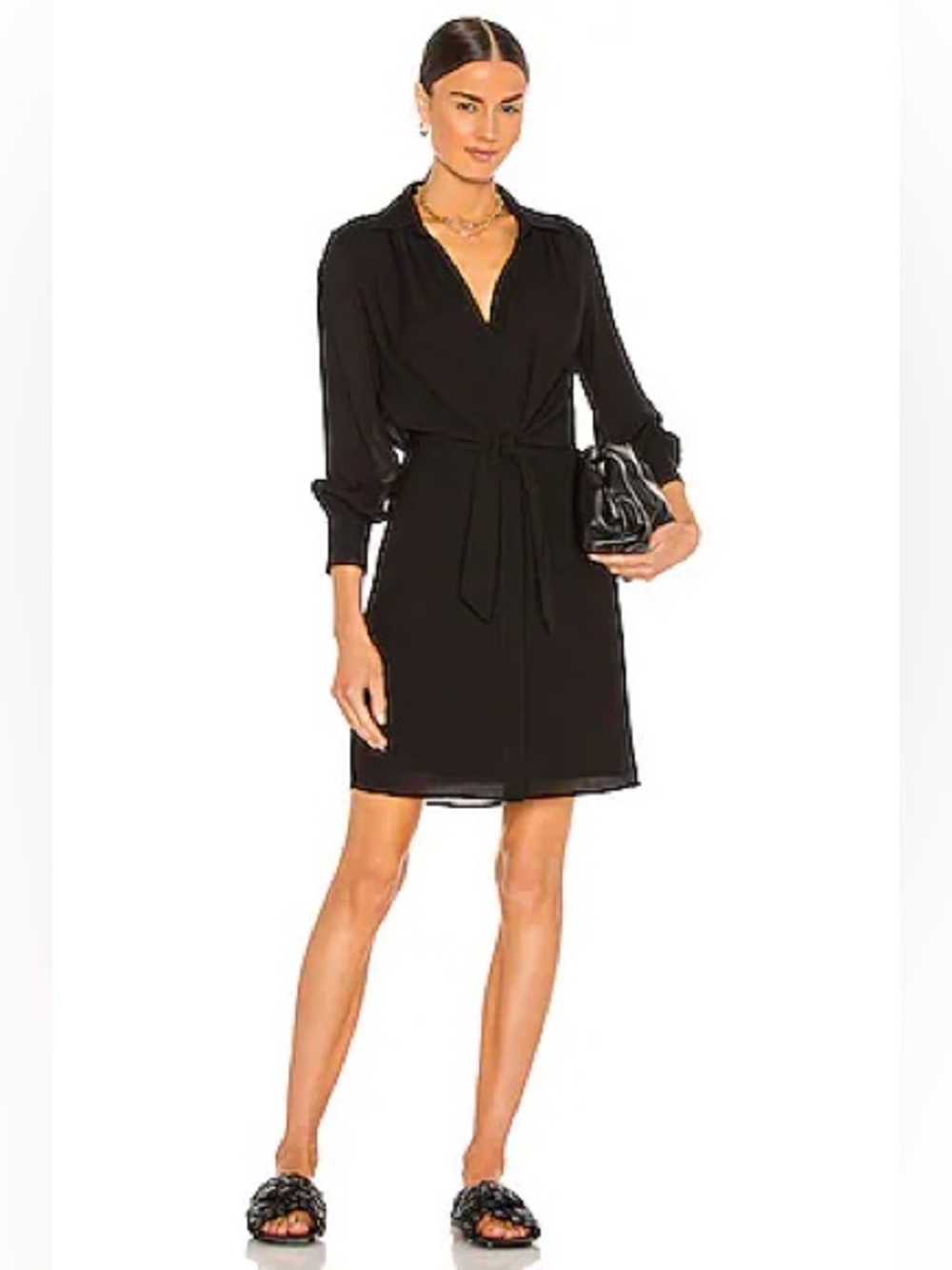 Brochu Walker Black Madsen Crinkle Gauze Long Sleeve Tie-Waist Shirtdress Size S